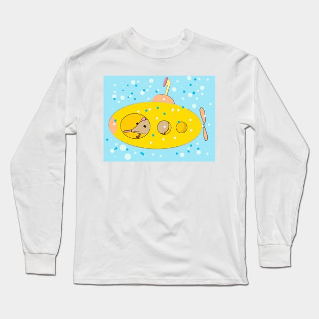 Cute shrew (mouse) in a yellow submarine. Long Sleeve T-Shirt by Peaceful Pigments